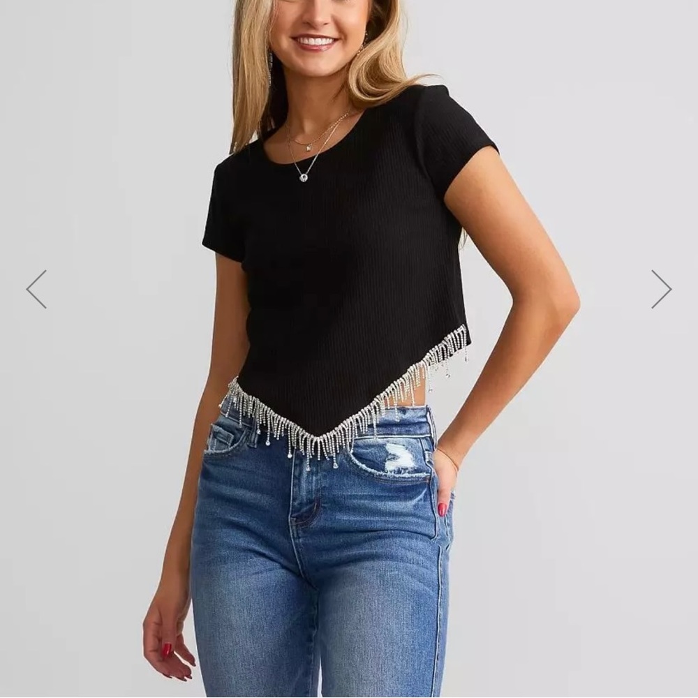 Blue B Rhinestone Fringe Cropped Top